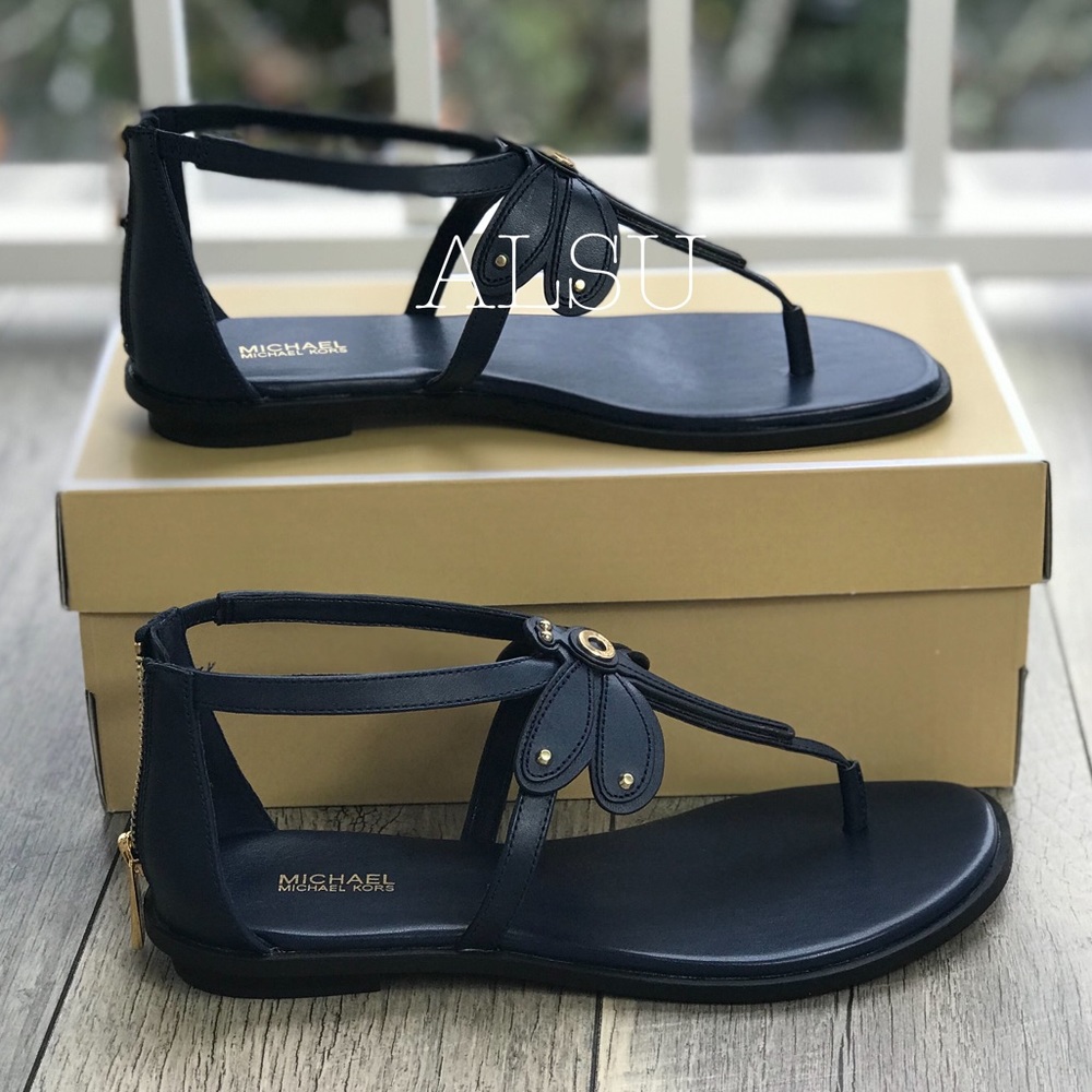 Michael Kors Leah Flat Sandal Leather Navy AUTHENT - Picture 3 of 7